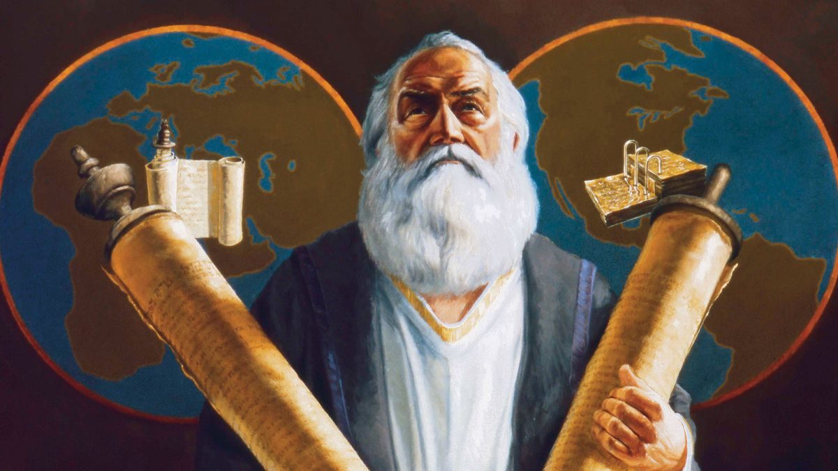 Painting of the prophet Ezekiel holding two scrolls before a map of the world